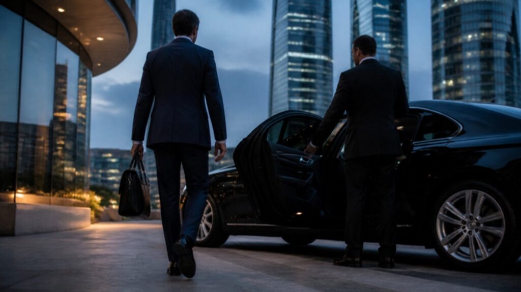 Chófer ejecutivo recogiendo a un directivo en el distrito financiero de Madrid