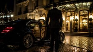 Chófer VIP abriendo la puerta de una berlina negra frente a un hotel de lujo en Madrid de noche