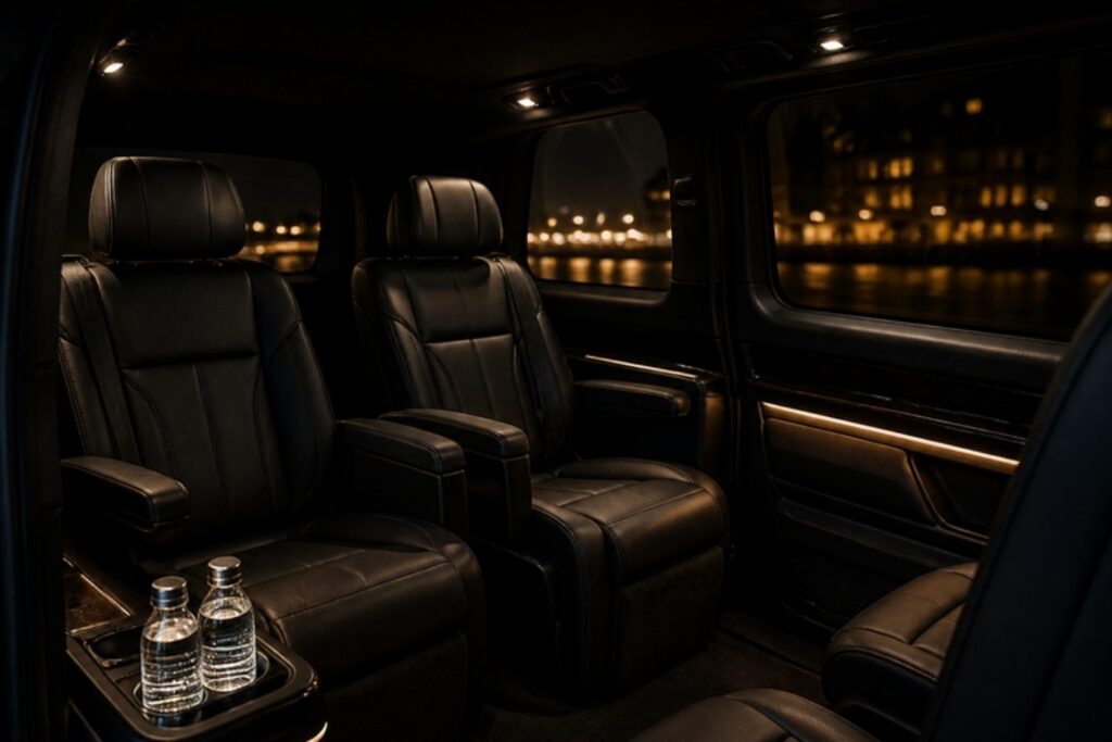 Interior de un monovolumen VIP con asientos de cuero, agua y cristales tintados