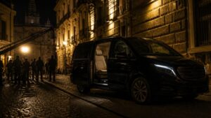 Monovolumen negro con conductor en un rodaje nocturno en Madrid