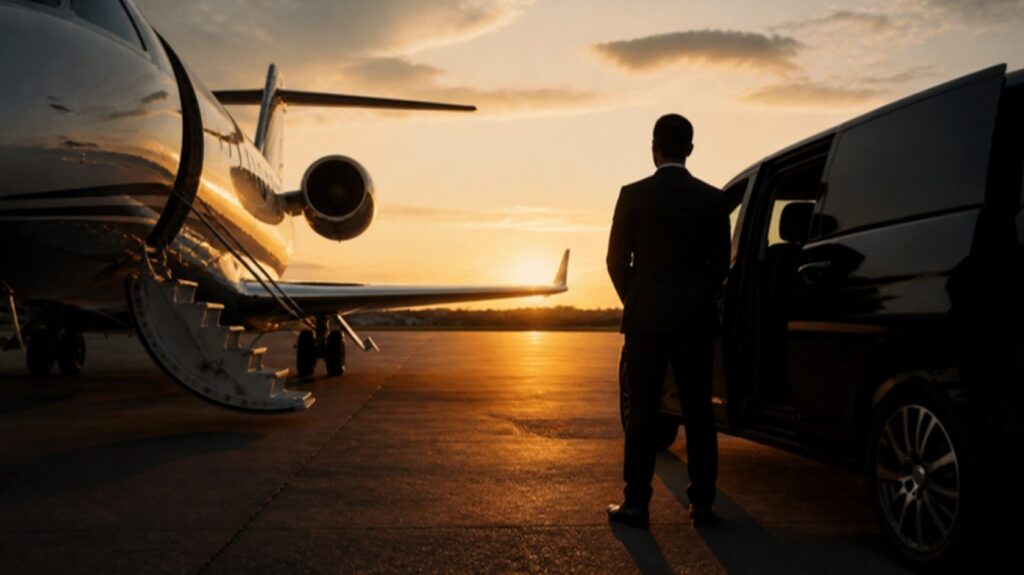 Chófer junto a un monovolumen negro al pie de un jet privado al atardecer