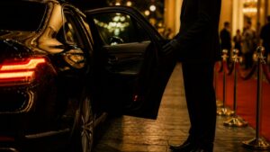 Llegada en coche con conductor a una gala con alfombra roja en Madrid