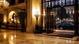 Vestíbulo de hotel de cinco estrellas en Madrid con un coche con chófer esperando en la puerta